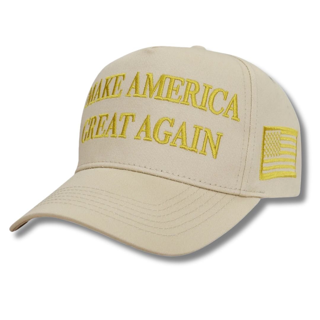 Premium Make America Great Again Never Surrender Embroidered Hat (Khaki/Gold) 4 Sided Design - PatriotDepot.com