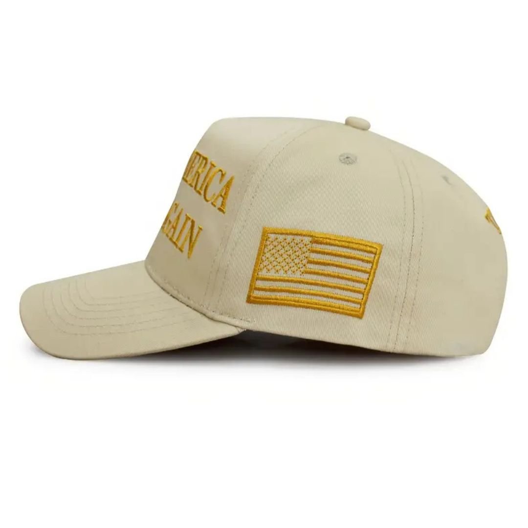 Premium Make America Great Again Never Surrender Embroidered Hat (Khaki/Gold) 4 Sided Design - PatriotDepot.com