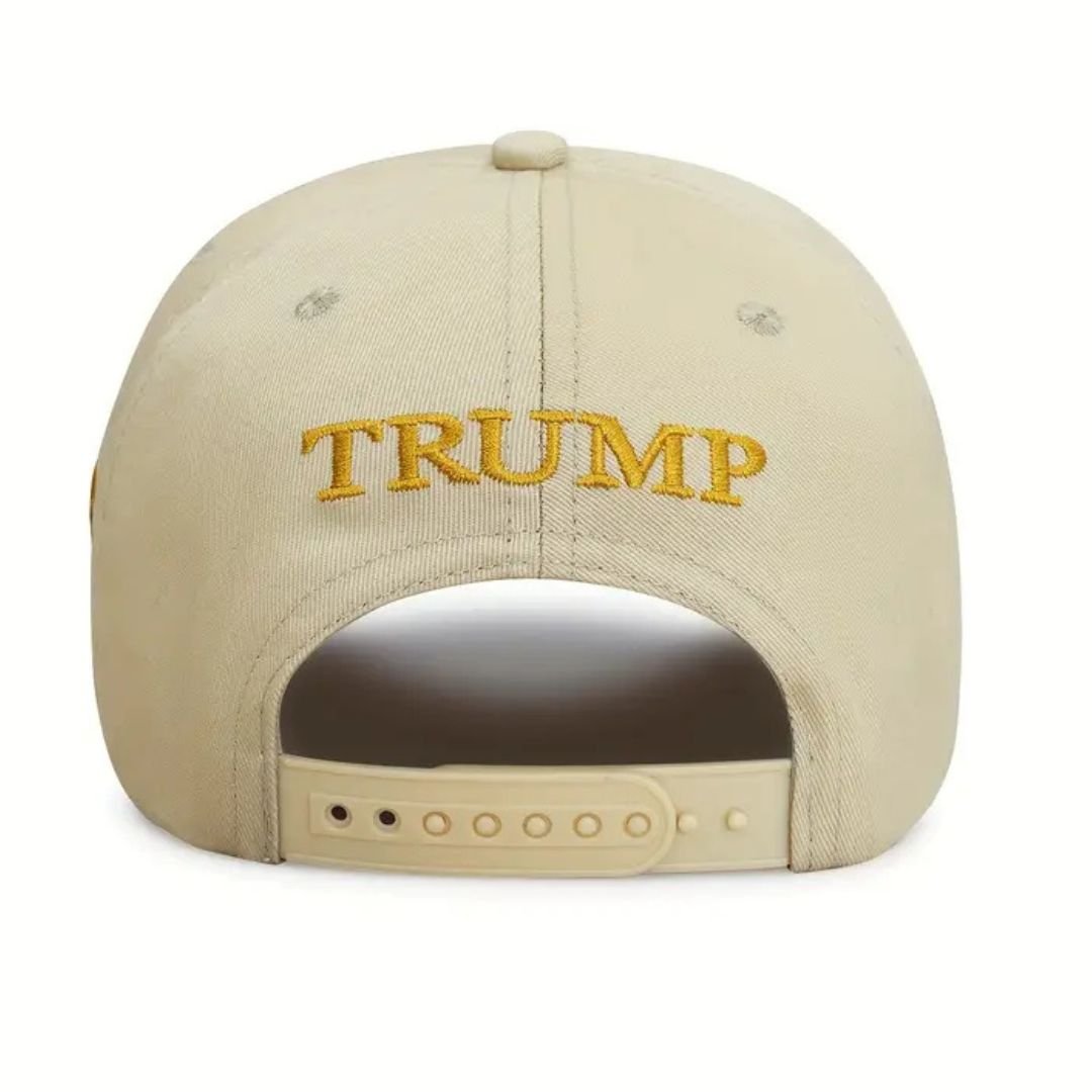 Premium Make America Great Again Never Surrender Embroidered Hat (Khaki/Gold) 4 Sided Design - PatriotDepot.com