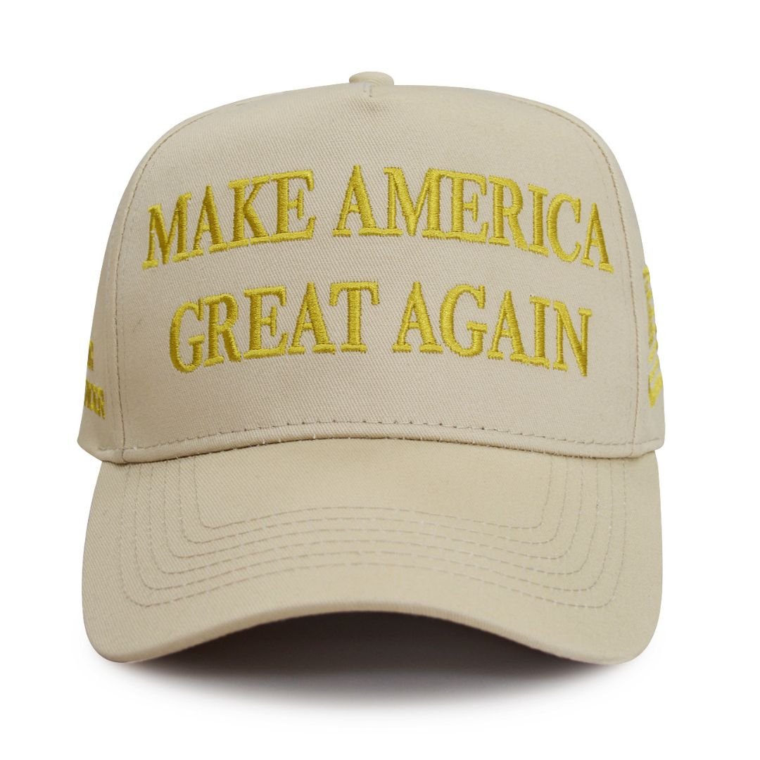 Premium Make America Great Again Never Surrender Embroidered Hat (Khaki/Gold) 4 Sided Design - PatriotDepot.com