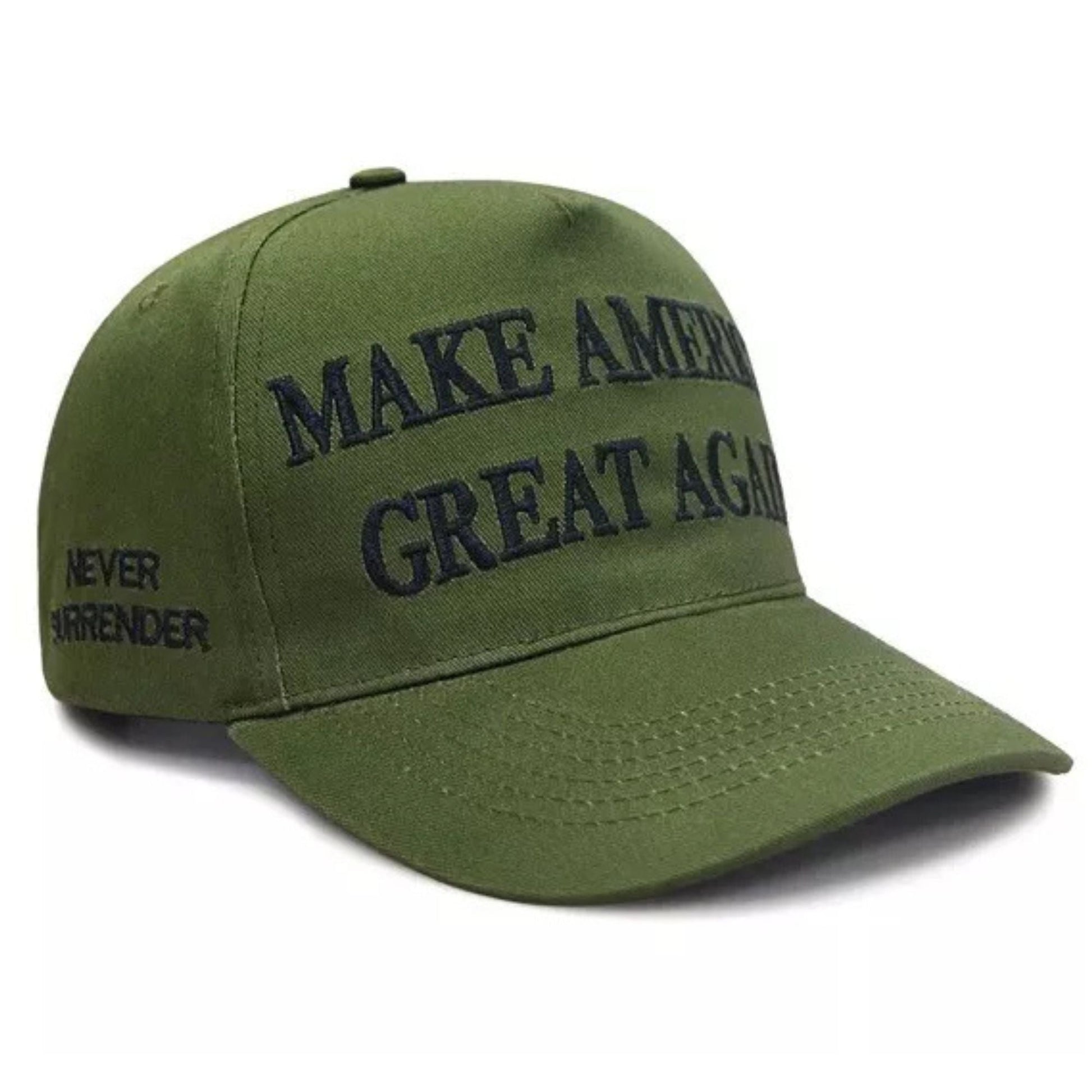 Premium Make America Great Again Never Surrender Embroidered Hat (Military Green) 4 - Sided Design - PatriotDepot.com