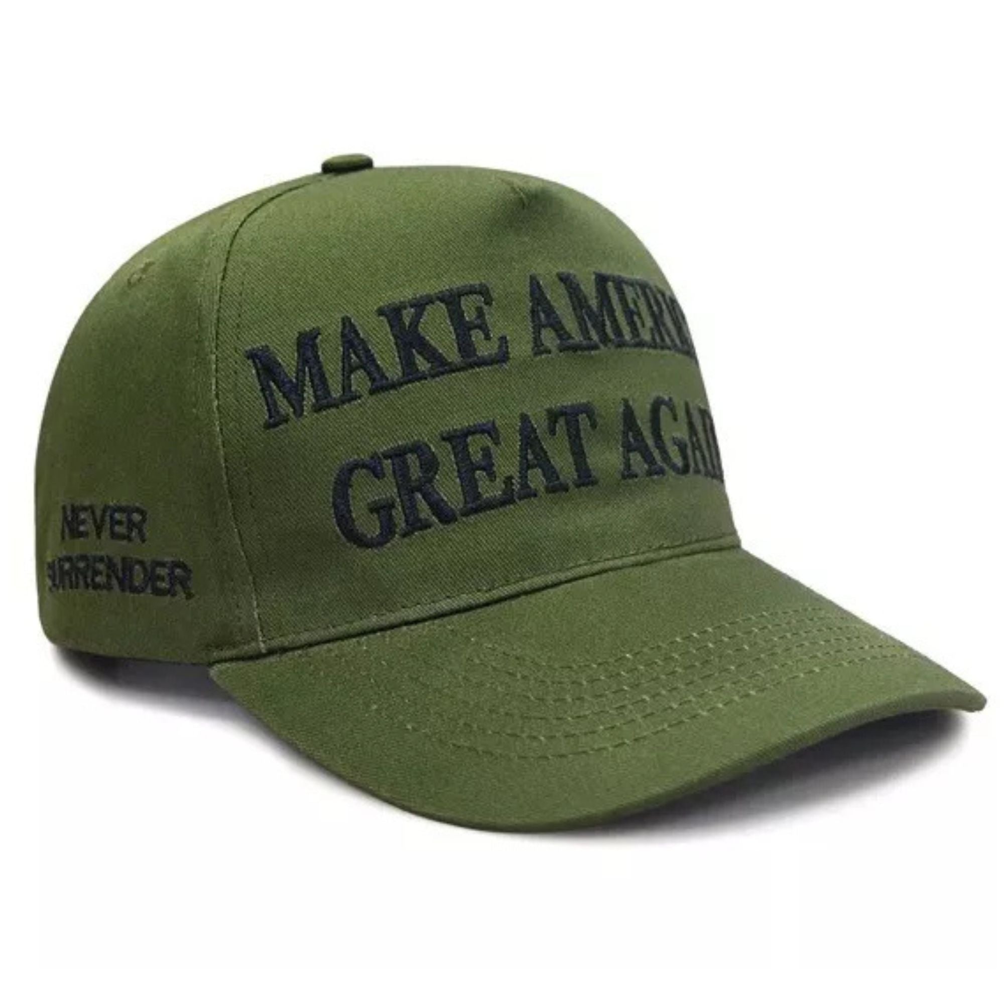 Premium Make America Great Again Never Surrender Embroidered Hat (Military Green) 4 - Sided Design - PatriotDepot.com