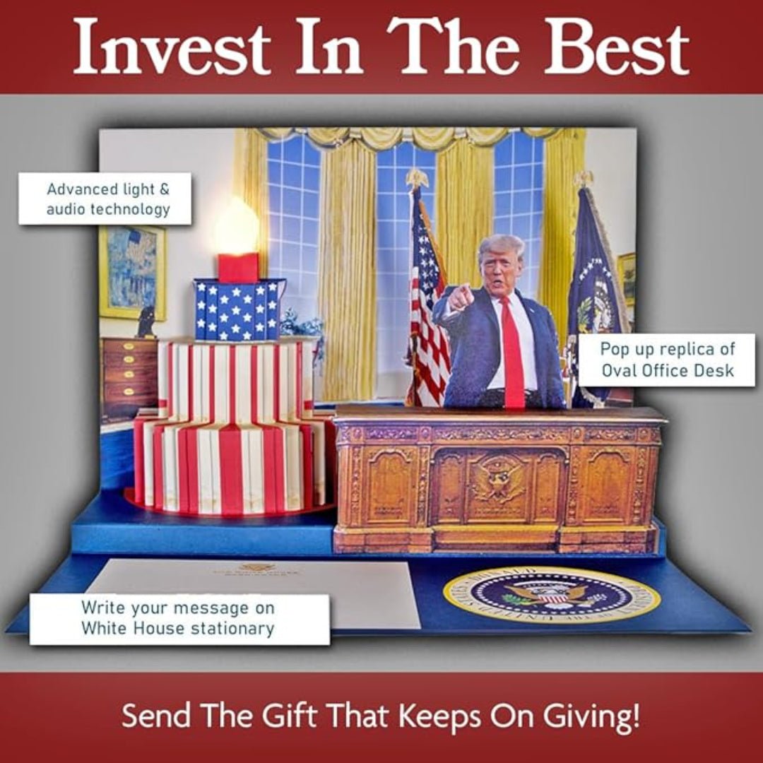 President Trump Cake Surprise Talking & Motion Birthday Card with Authentic Voice - PatriotDepot.com