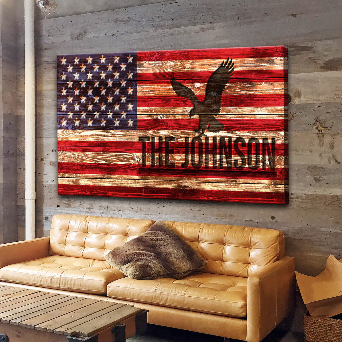Rustic American Flag Family Name Sign - PatriotDepot.com