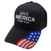 Save America Trump 2024 Embroidered Hat (Black w/flag bill) - PatriotDepot.com
