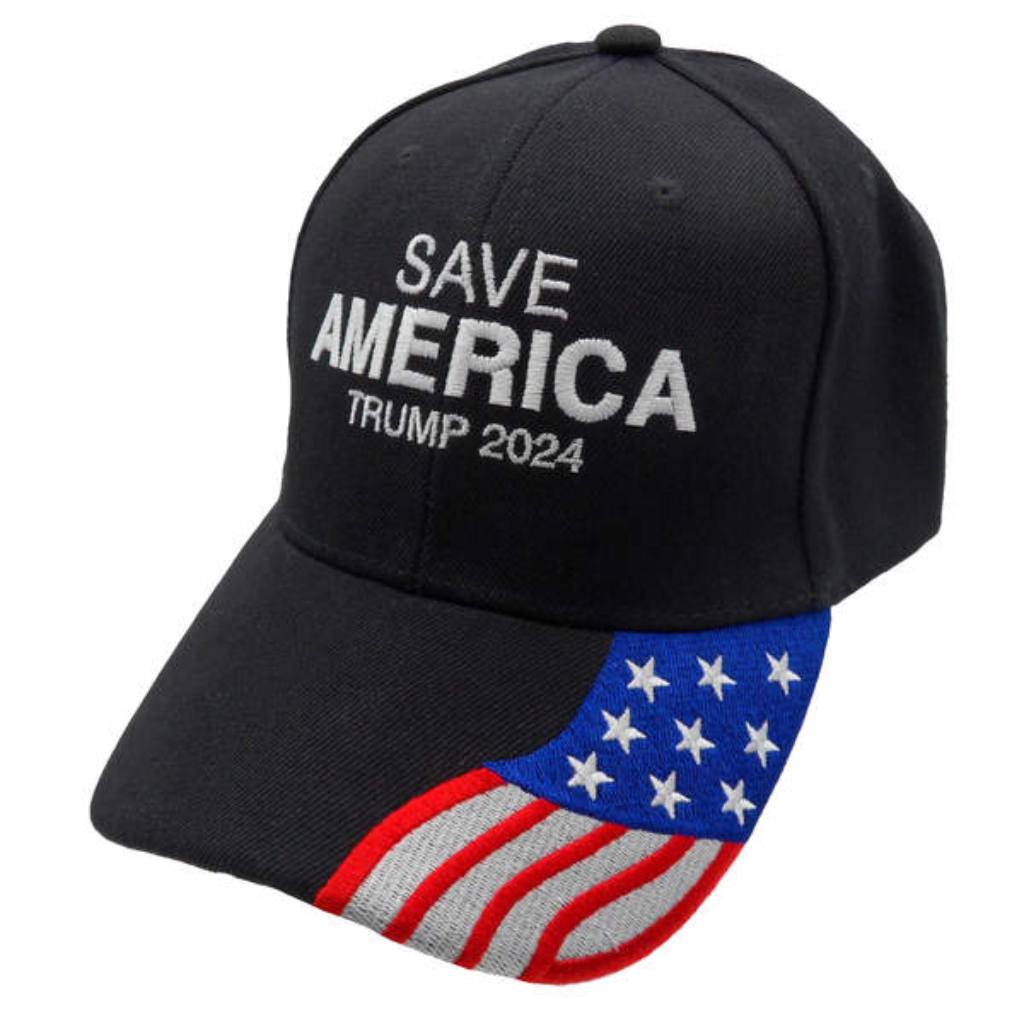 Save America Trump 2024 Embroidered Hat (Black w/flag bill) - PatriotDepot.com