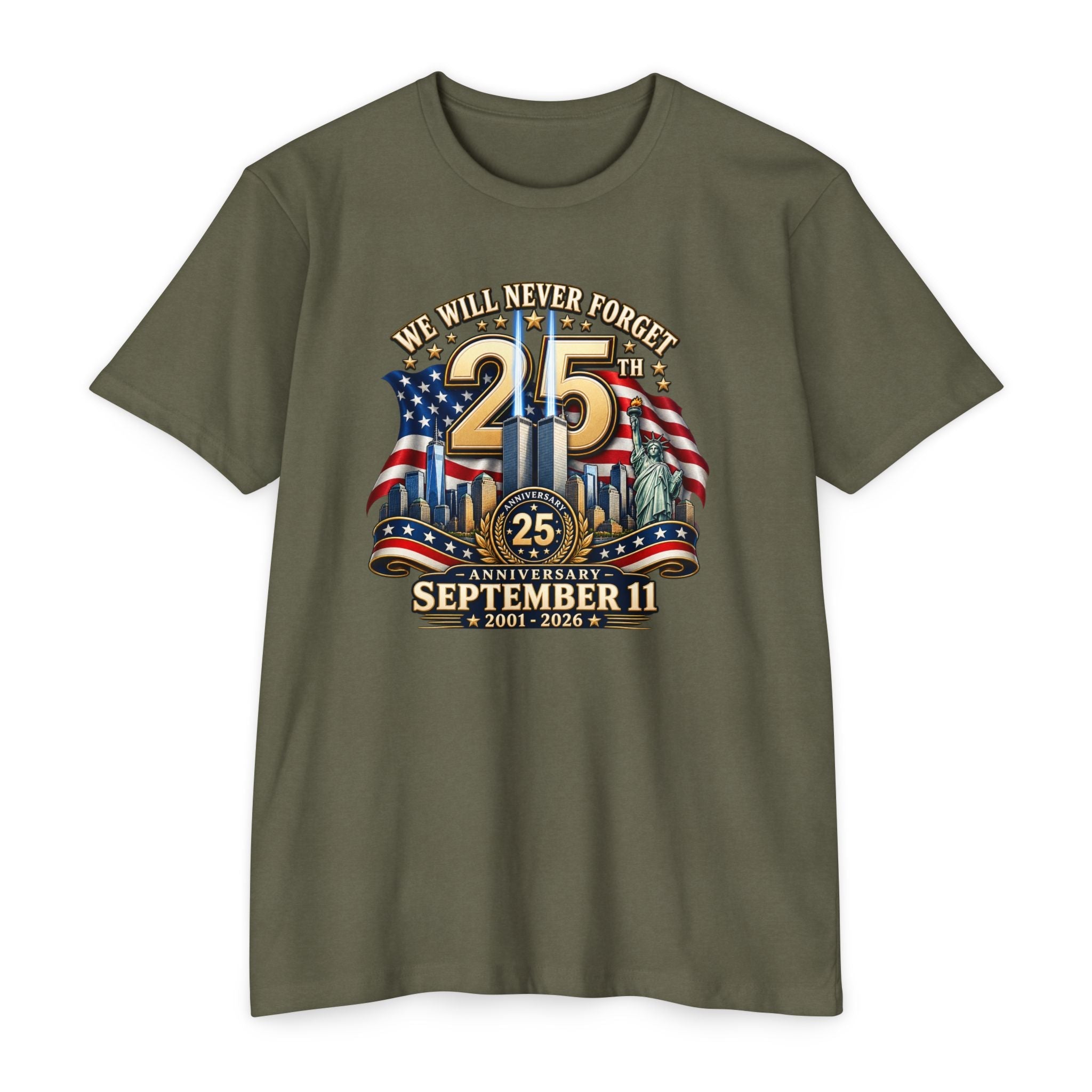September 11 25th Anniversary T-Shirt – "We Will Never Forget" Memorial - PatriotDepot.com
