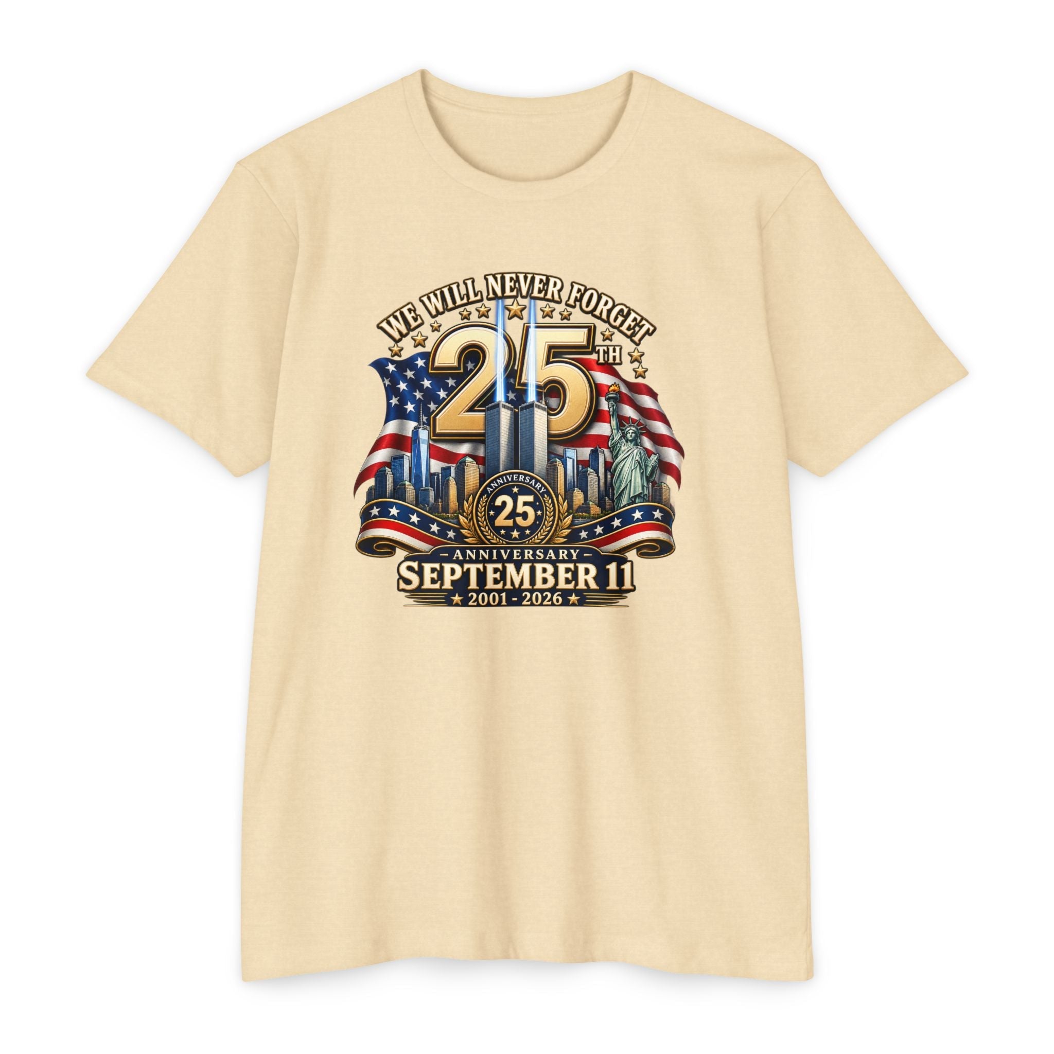 September 11 25th Anniversary T-Shirt – "We Will Never Forget" Memorial - PatriotDepot.com