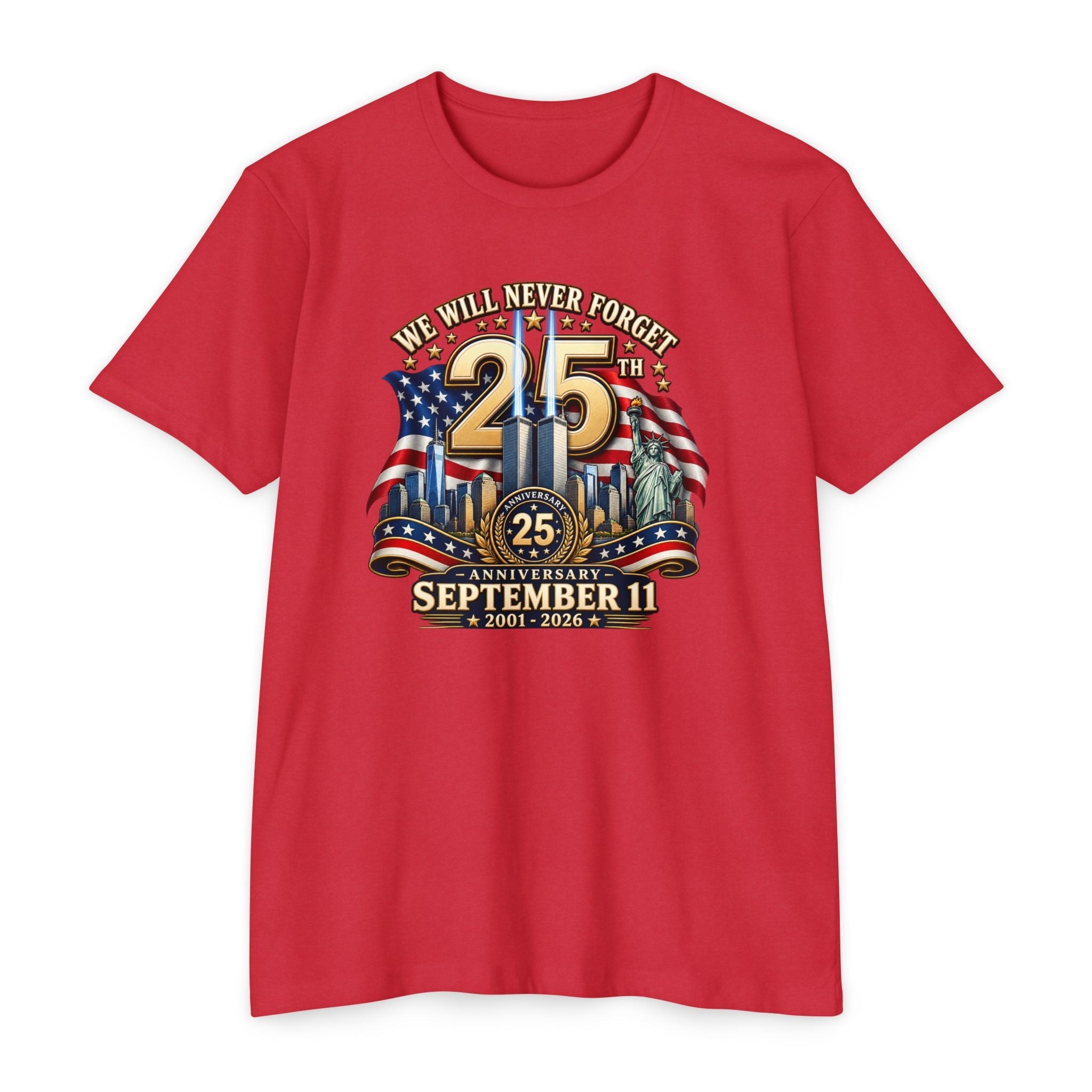 September 11 25th Anniversary T-Shirt – "We Will Never Forget" Memorial - PatriotDepot.com