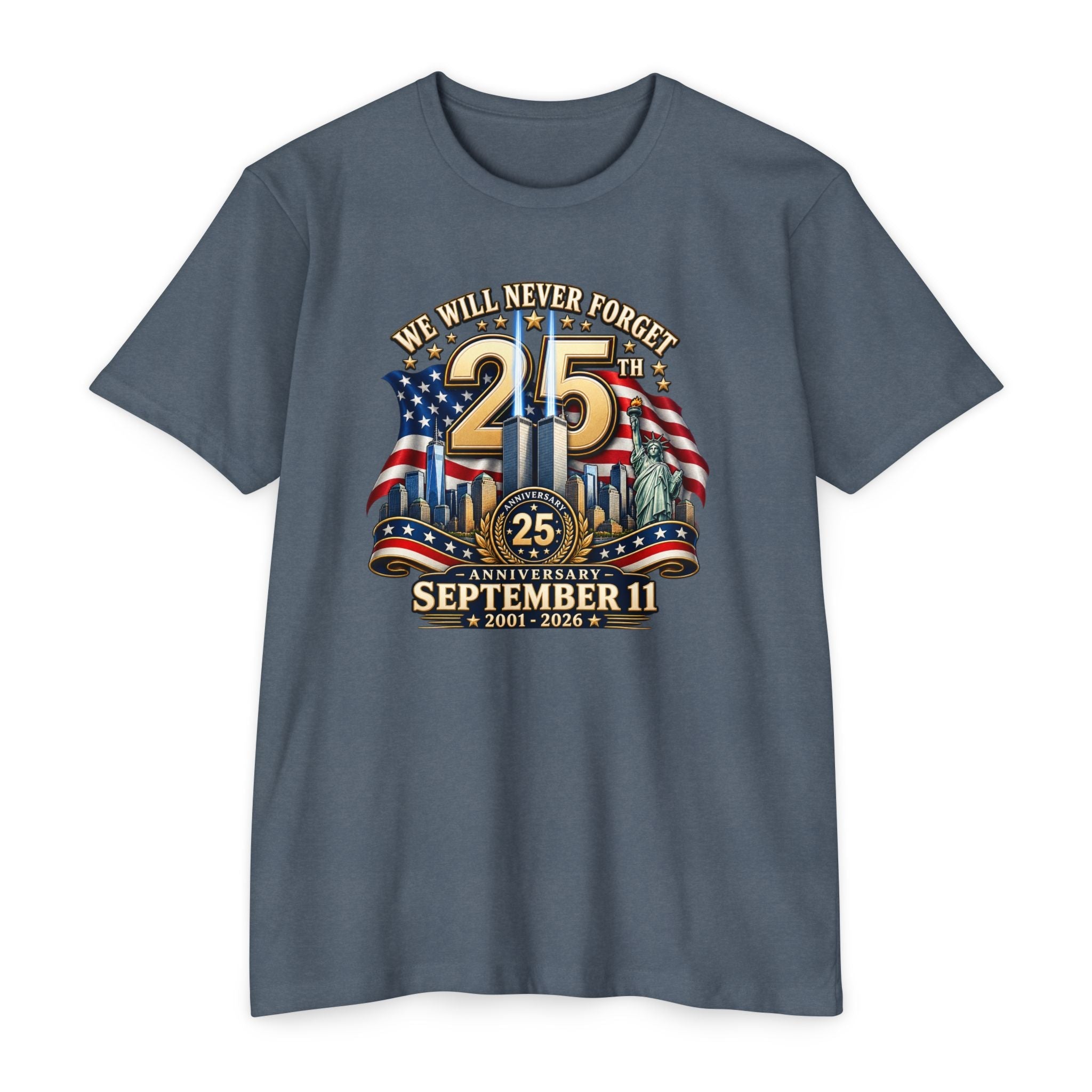 September 11 25th Anniversary T-Shirt – "We Will Never Forget" Memorial - PatriotDepot.com