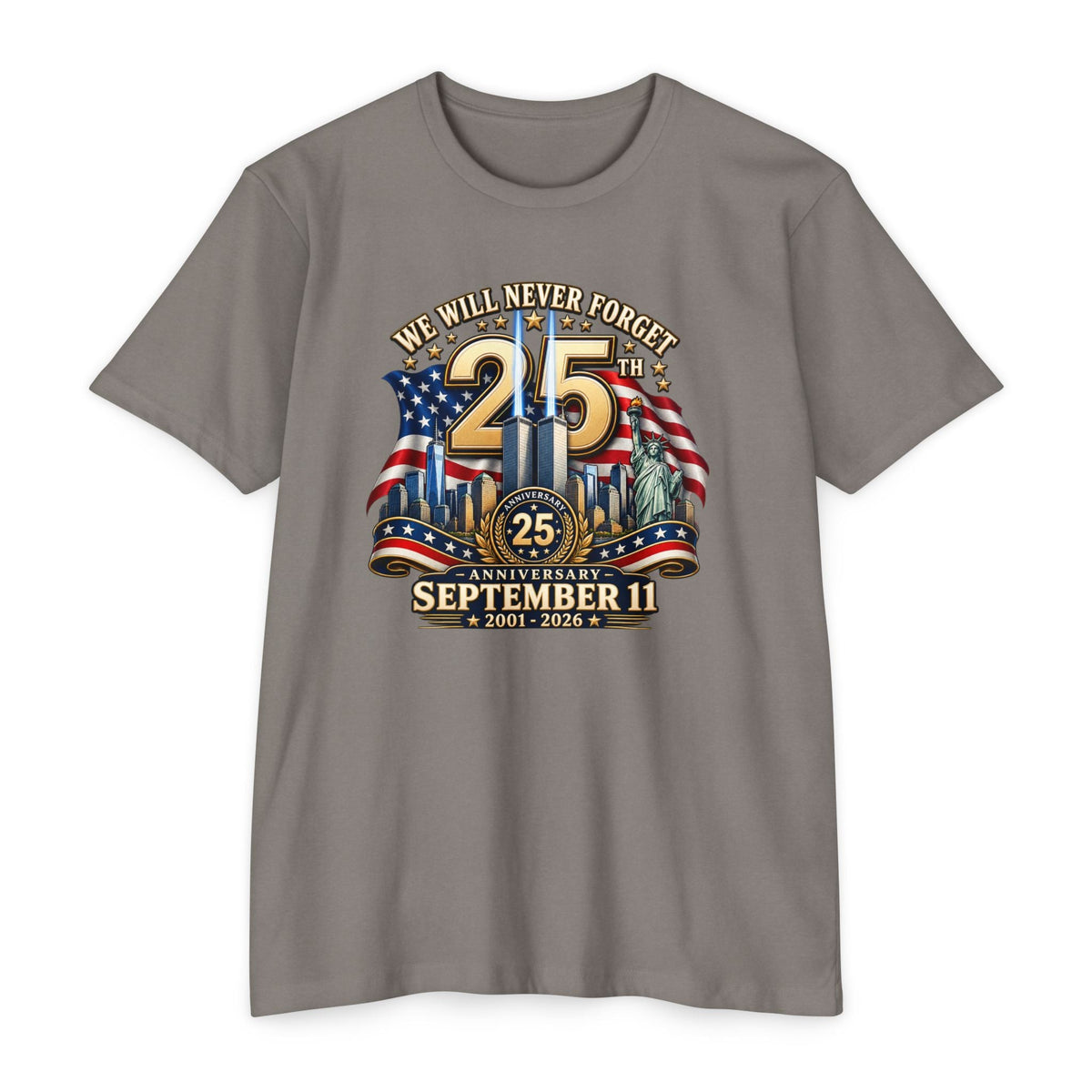 September 11 25th Anniversary T-Shirt – "We Will Never Forget" Memorial - PatriotDepot.com