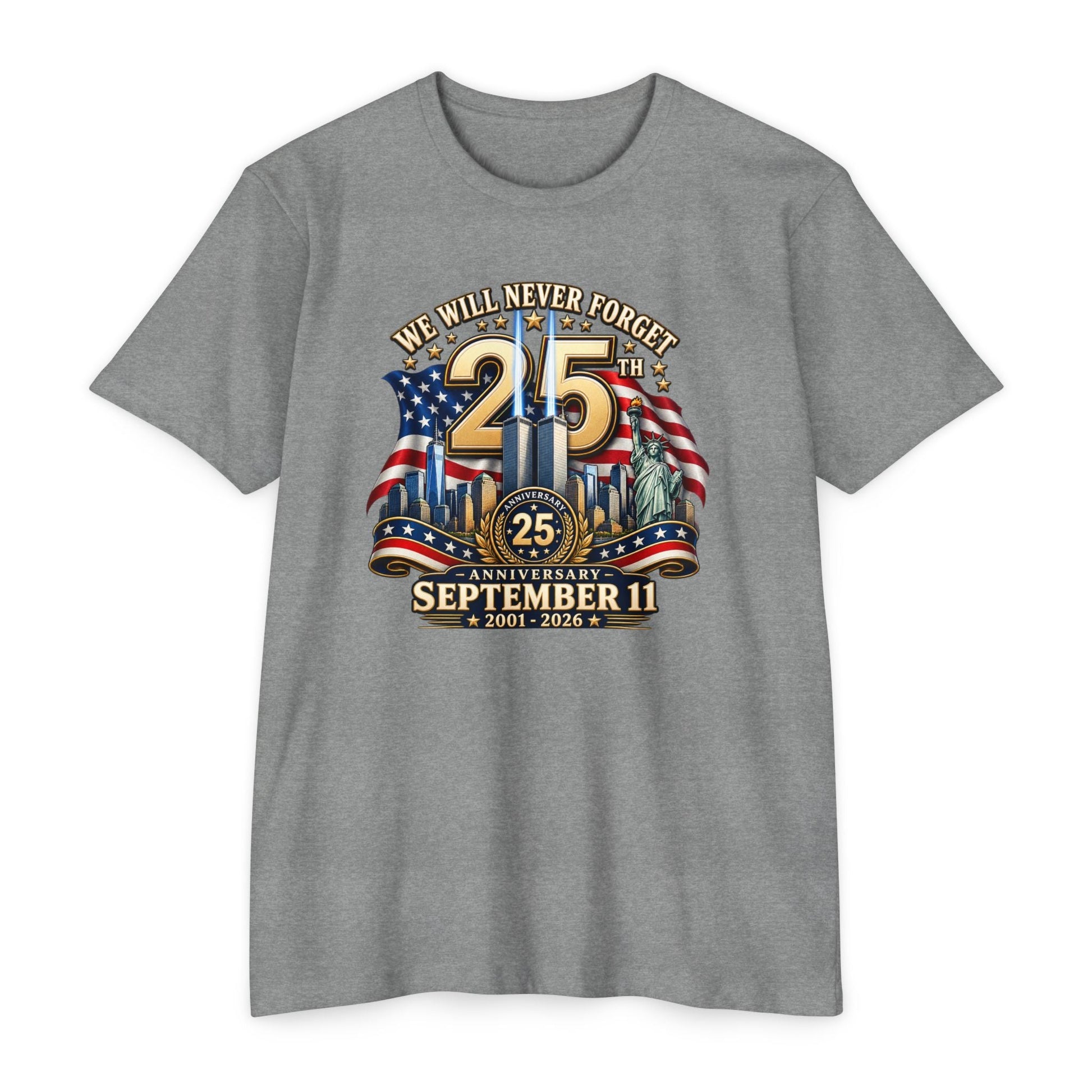 September 11 25th Anniversary T-Shirt – "We Will Never Forget" Memorial - PatriotDepot.com