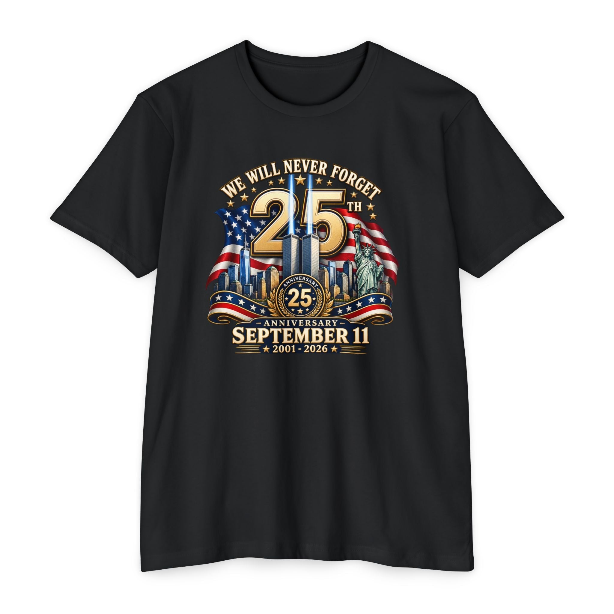 September 11 25th Anniversary T-Shirt – "We Will Never Forget" Memorial - PatriotDepot.com