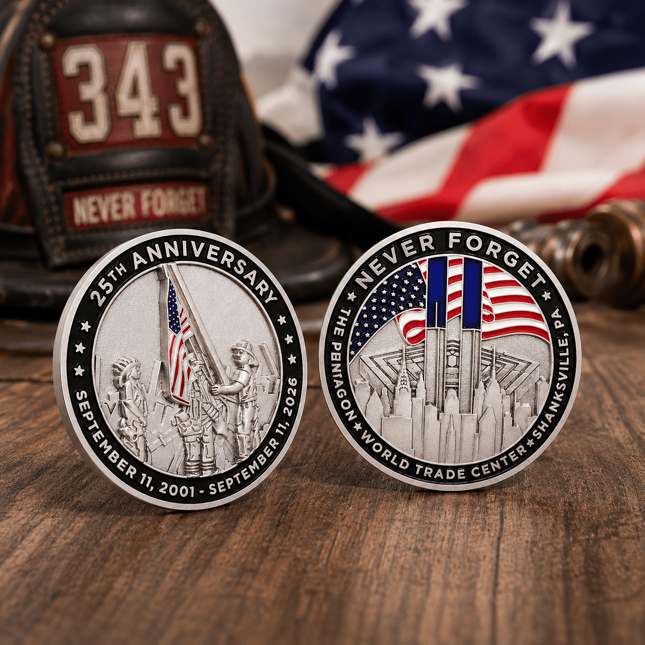 September 11 Never Forget 25th Anniversary Challenge Coin | Courage & Remembrance Edition | 2001–2026 - PatriotDepot.com