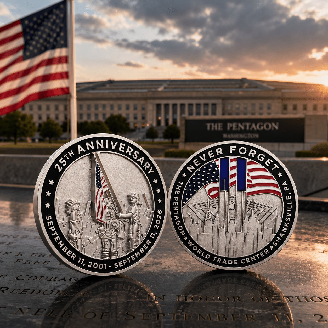 September 11 Never Forget 25th Anniversary Challenge Coin | Courage & Remembrance Edition | 2001–2026 - PatriotDepot.com