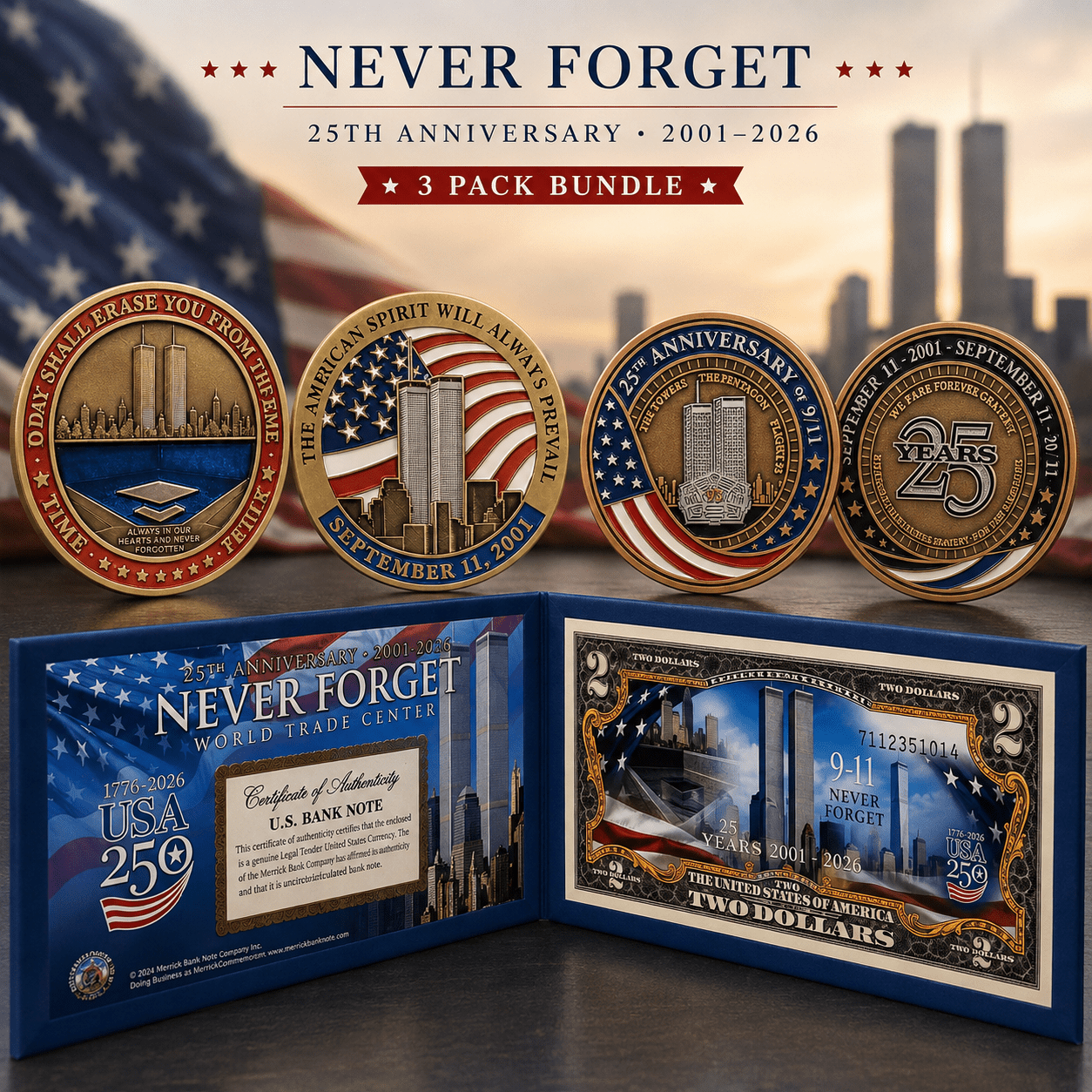 September 11 Never Forget 25th Anniversary Commemorative 3-Piece Collection | 2001–2026 Memorial Set - PatriotDepot.com