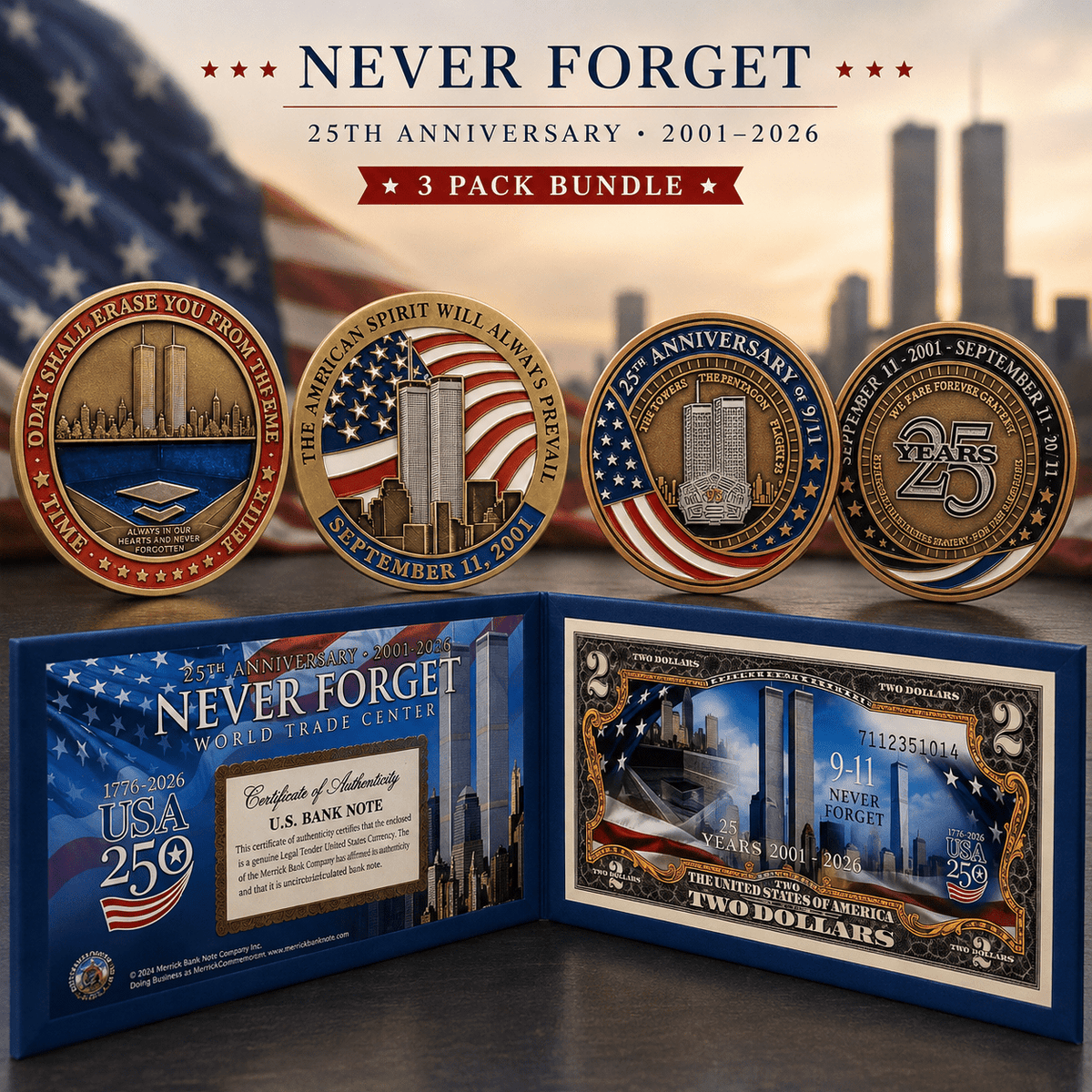 September 11 Never Forget 25th Anniversary Commemorative 3-Piece Collection | 2001–2026 Memorial Set - PatriotDepot.com
