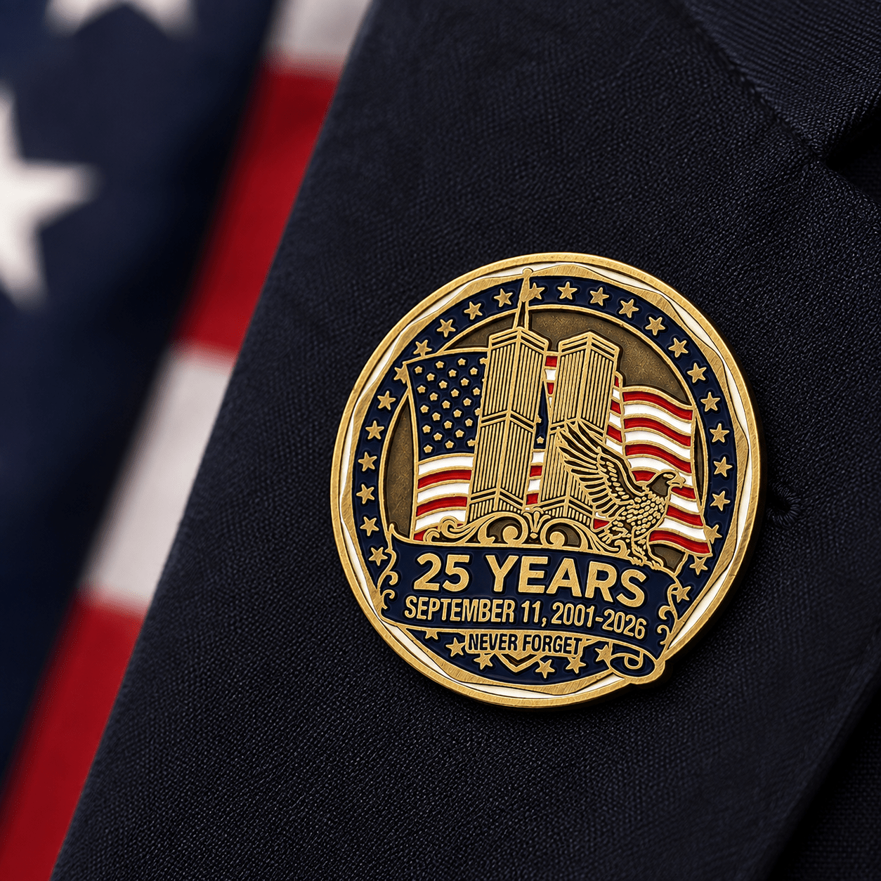 September 11 Twin Towers 25 Years of Remembrance Lapel Pin | Never Forget 2001–2026 - PatriotDepot.com