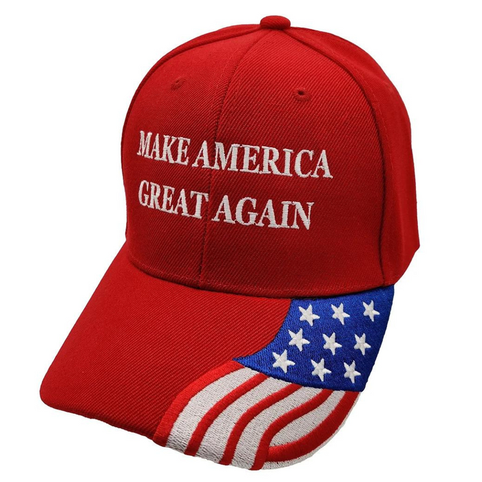 Make America Great Again Custom Embroidered Hat w/ Flag Bill (Red)