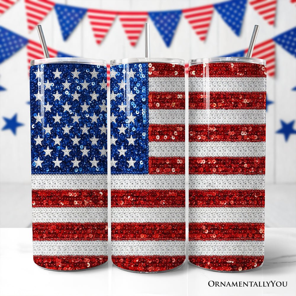 Stars & Stripes Sequin Tumbler | 20oz Personalized Patriotic Travel Mug - PatriotDepot.com