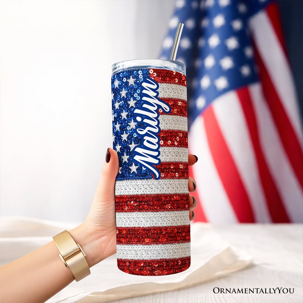 Stars & Stripes Sequin Tumbler | 20oz Personalized Patriotic Travel Mug - PatriotDepot.com
