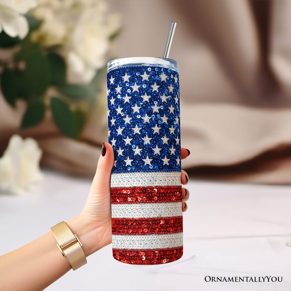 Stars & Stripes Sequin Tumbler | 20oz Personalized Patriotic Travel Mug - PatriotDepot.com