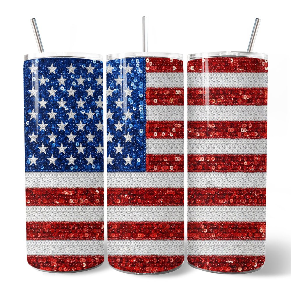Stars & Stripes Sequin Tumbler | 20oz Personalized Patriotic Travel Mug - PatriotDepot.com