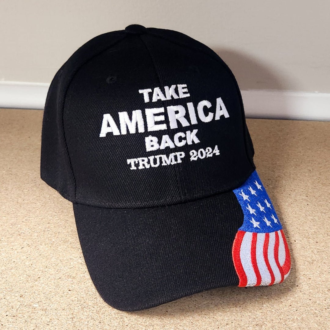 Take America Back Trump 2024 Hat w/ Flag Bill (Black) - PatriotDepot.com