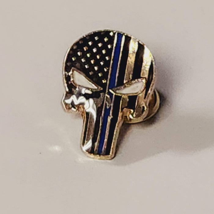 Thin Blue Line Skull Enamel Lapel Pin (Gold Plated)