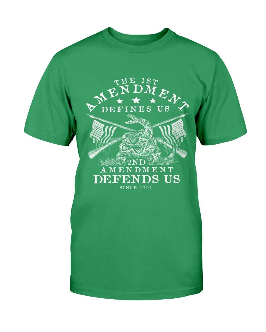 The First Amendment Defines Us. The Second Amendment Defends Us T-Shirt - PatriotDepot.com