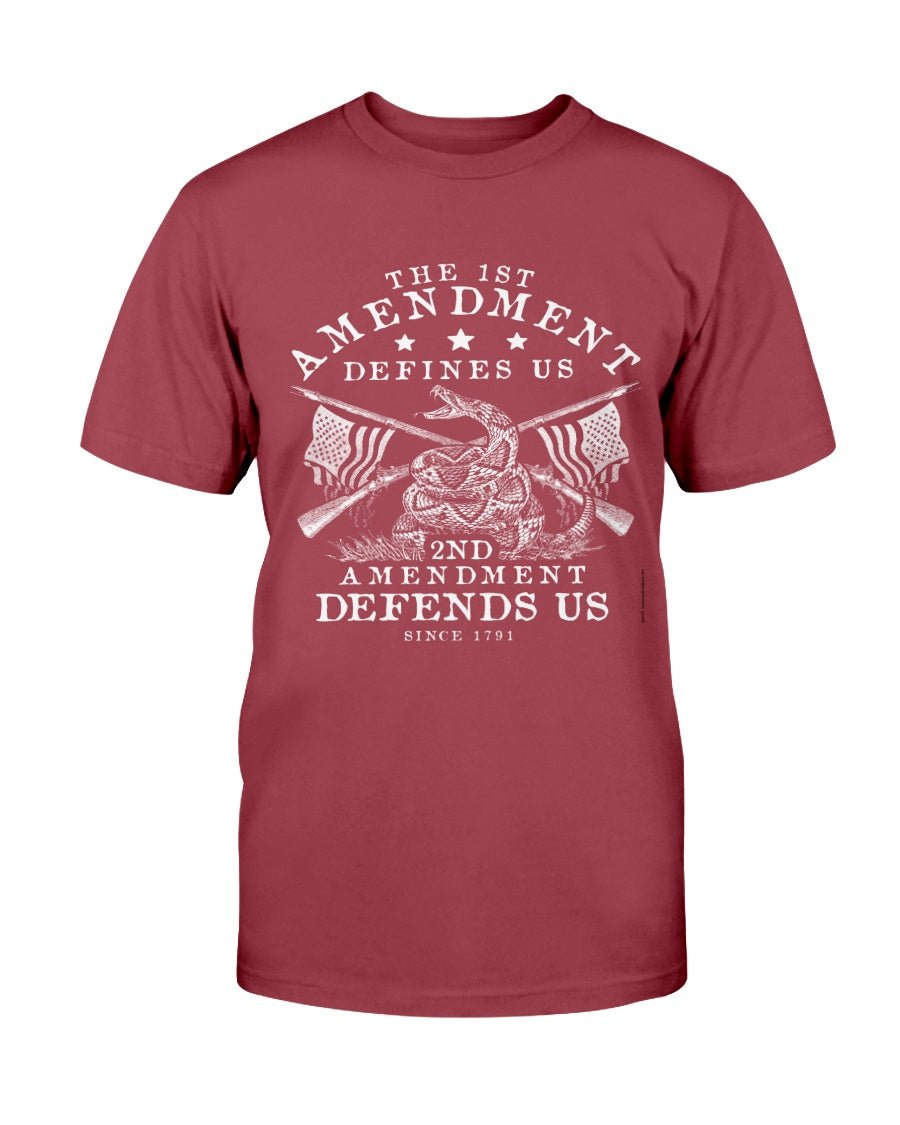The First Amendment Defines Us. The Second Amendment Defends Us T-Shirt - PatriotDepot.com