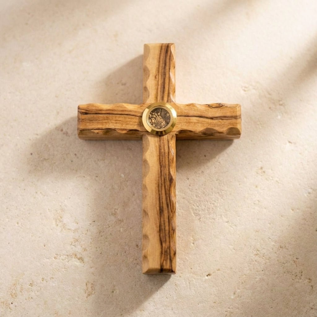 The Olive Tree Cross | Jerusalem Olive Wood & Temple Mount Soil - PatriotDepot.com