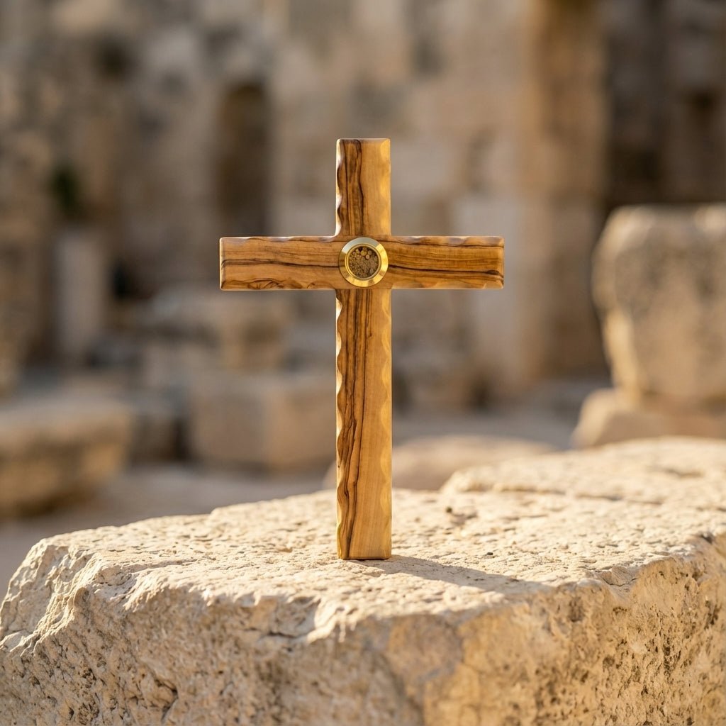 The Olive Tree Cross | Jerusalem Olive Wood & Temple Mount Soil - PatriotDepot.com