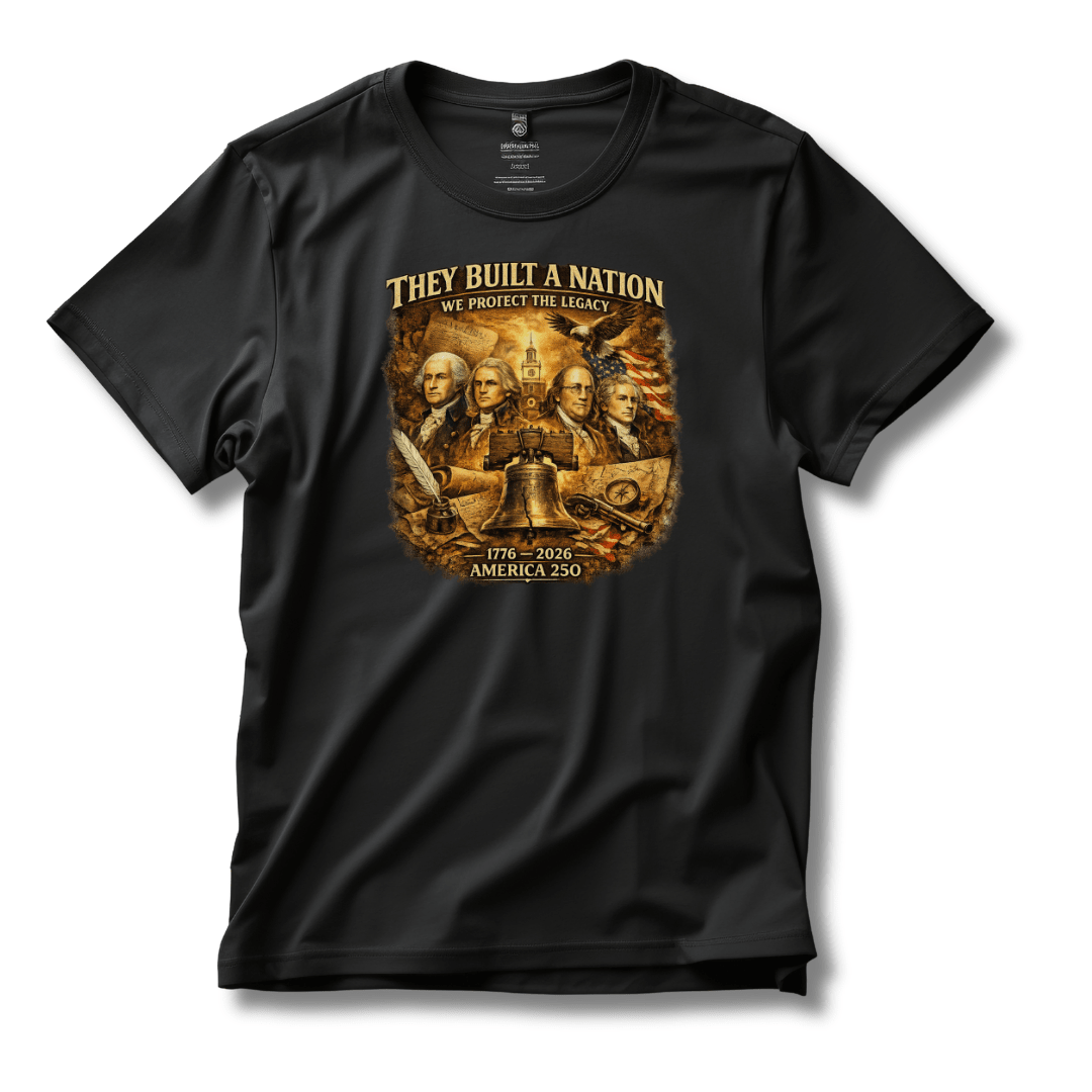 They Built a Nation T‑Shirt — We Protect the Legacy Founding Fathers 1776 - 2026 America's 250th T-Shirt - PatriotDepot.com
