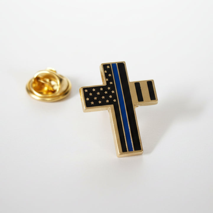 Thin Blue Line Flag in Cross (Gold Plated) - PatriotDepot.com