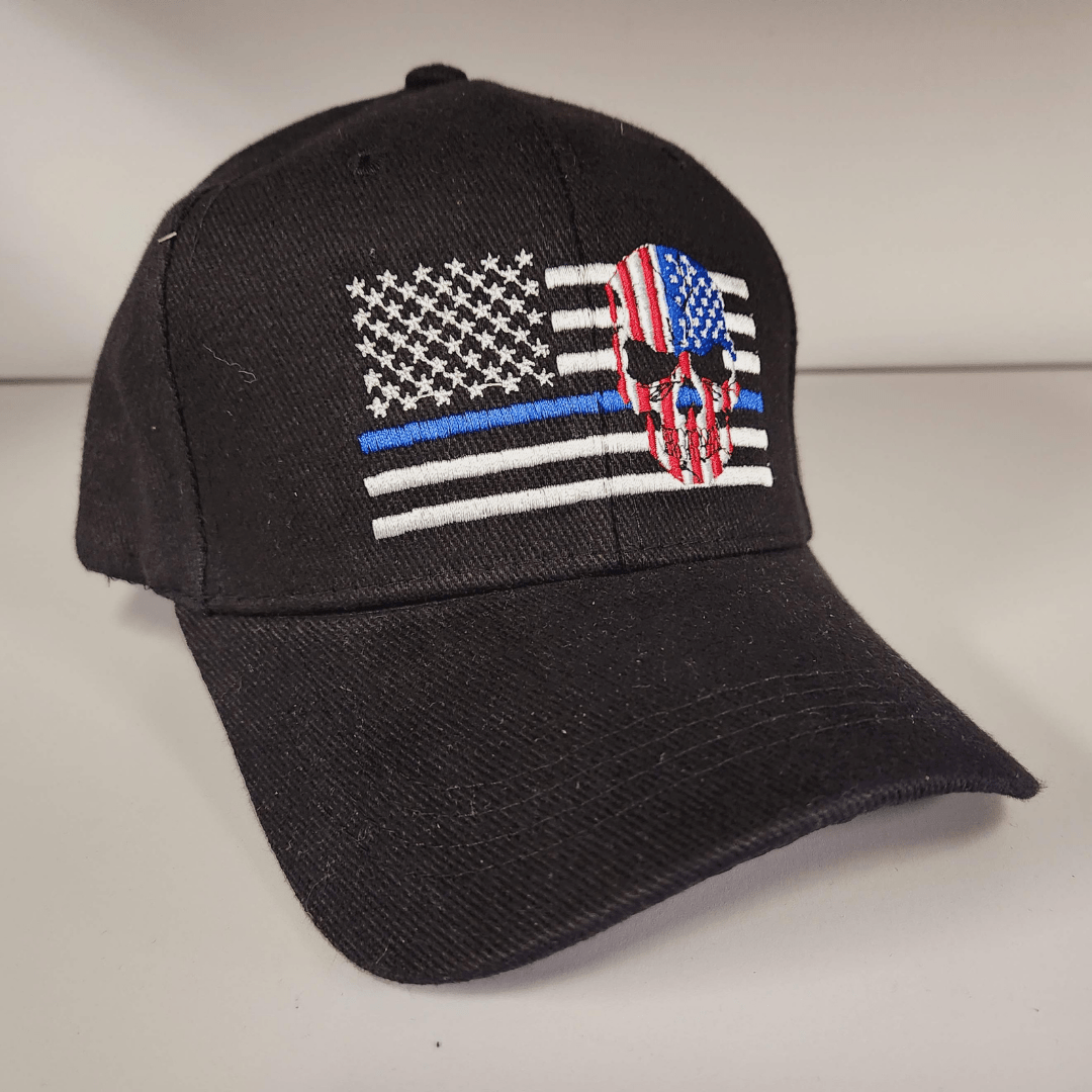 Thin Blue Line Patriotic Skull Embroidered Hat (Black) - PatriotDepot.com