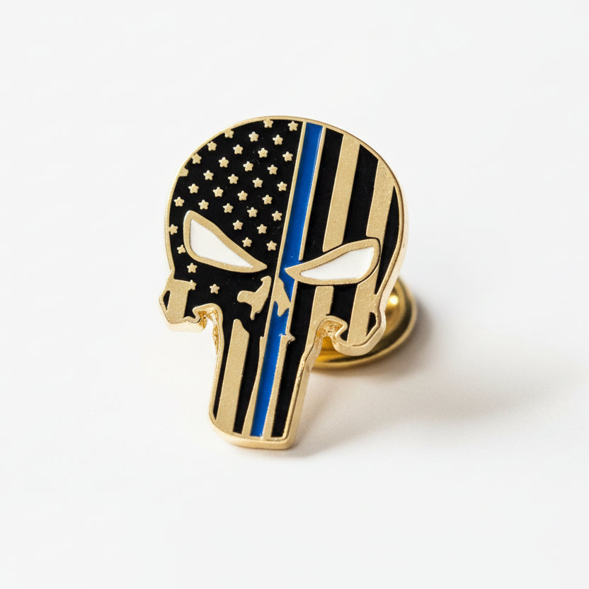 Thin Blue Line Skull Enamel Lapel Pin (Gold Plated) - PatriotDepot.com