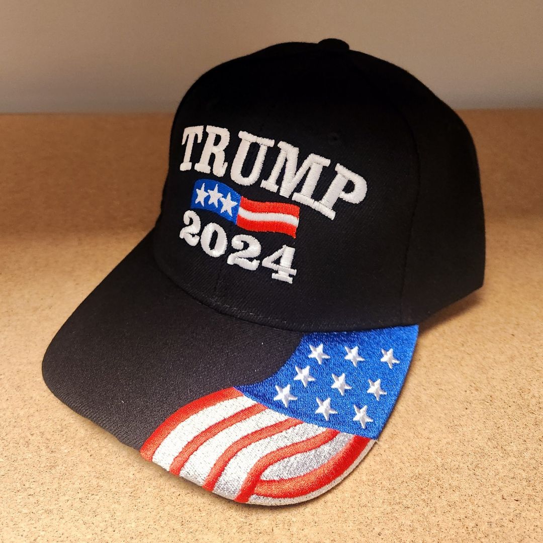 Trump 2024 Custom Embroidered Hat w/Flag Bill (Black) - PatriotDepot.com