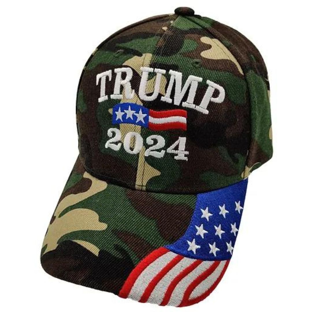 Trump 2024 Custom Embroidered Hat w/Flag Bill (CAMO) - PatriotDepot.com