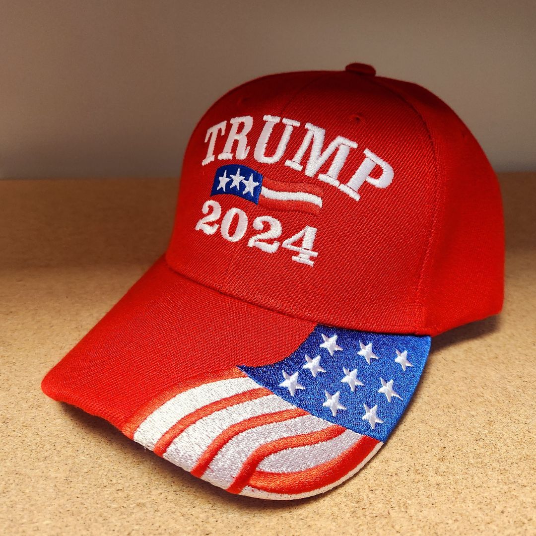 Trump 2024 Custom Embroidered Hat w/Flag Bill (Red) - PatriotDepot.com