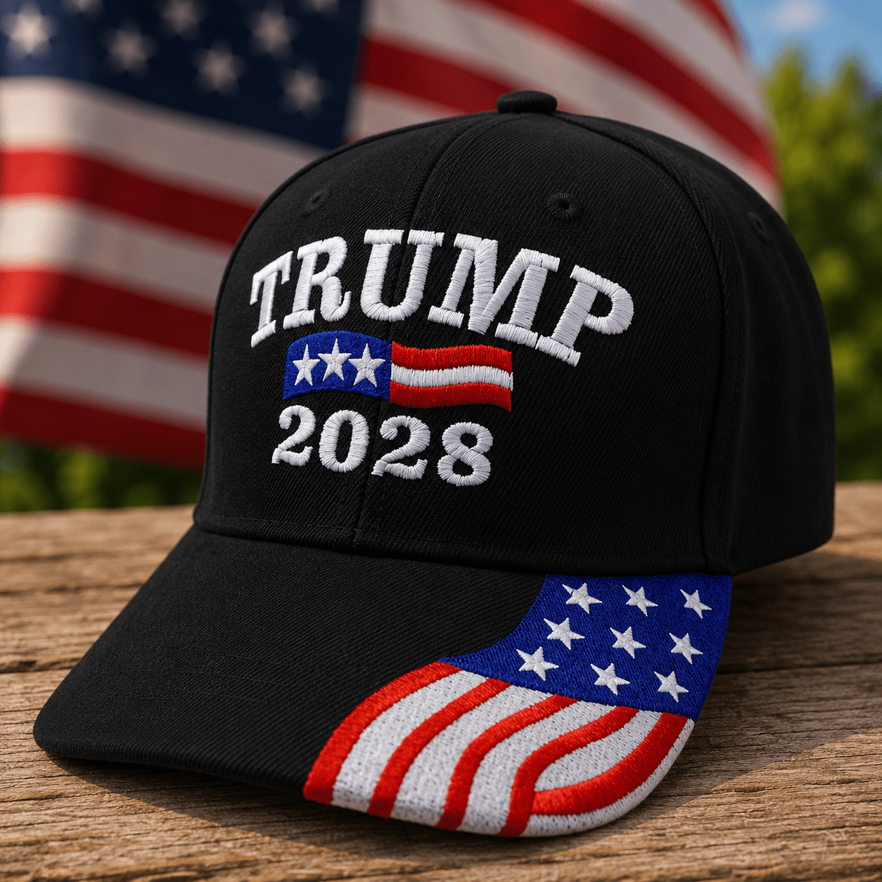 Trump 2028 Embroidered Hat w/Flag Bill (Black) - PatriotDepot.com