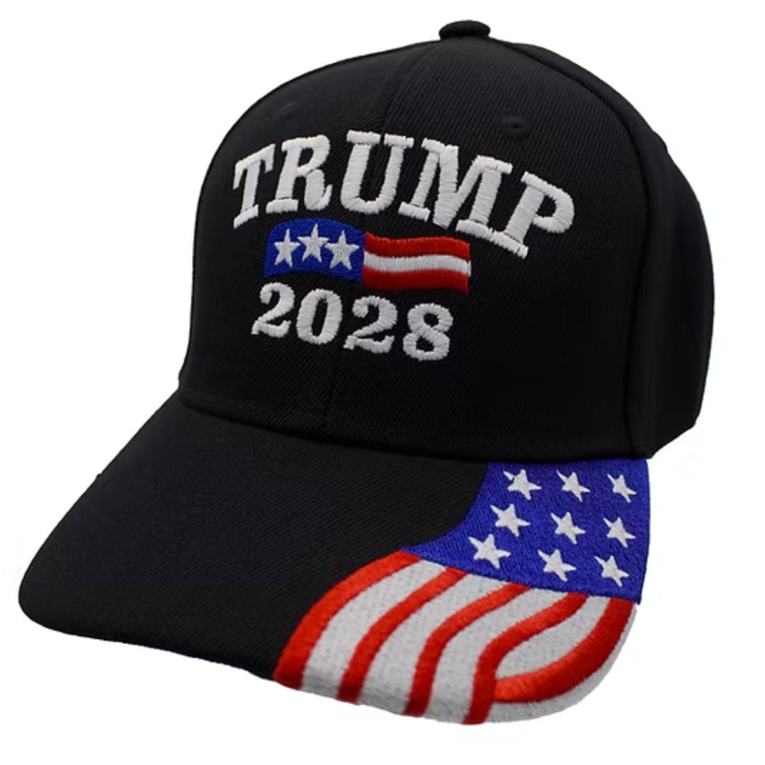 Trump 2028 Embroidered Hat w/Flag Bill (Black) - PatriotDepot.com
