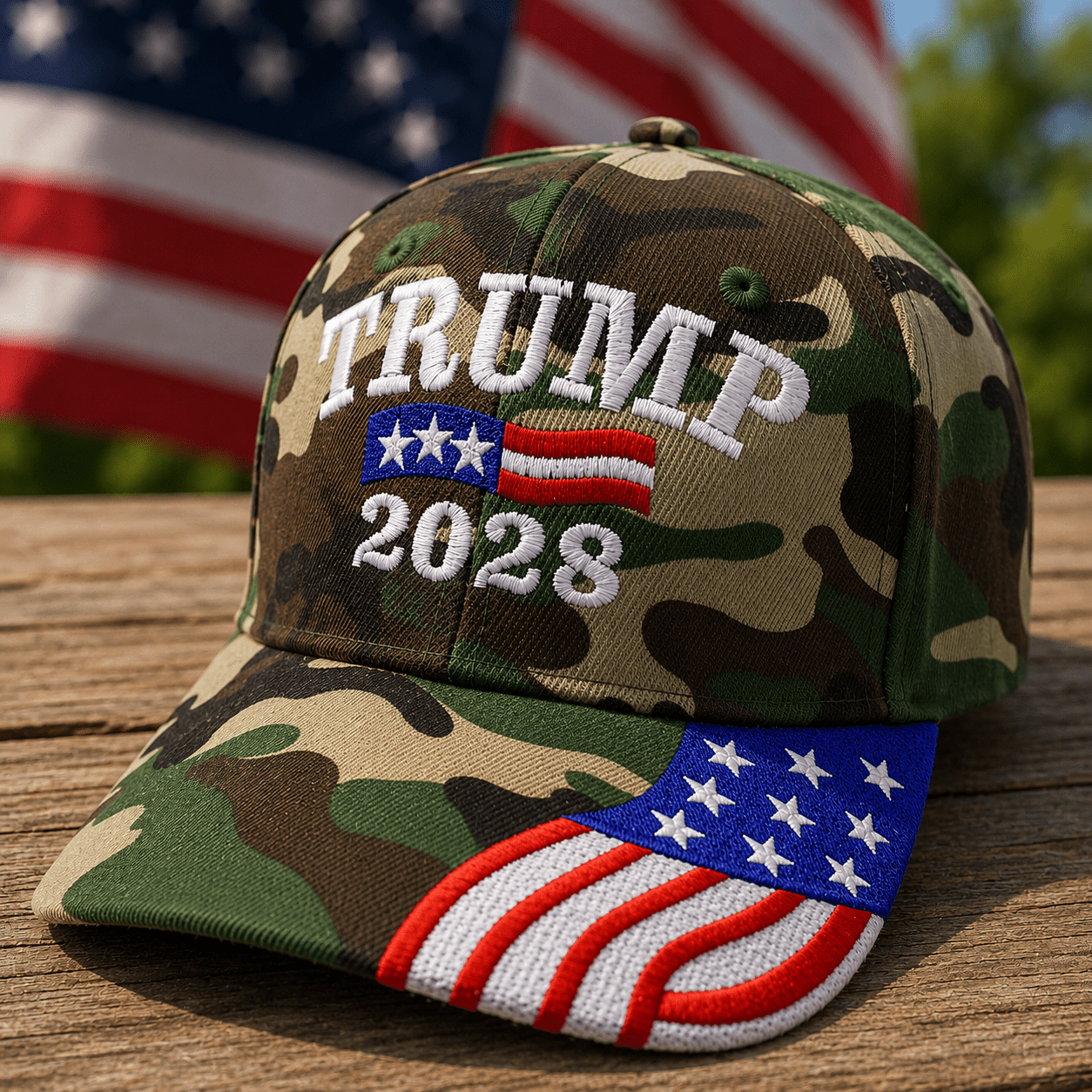 Trump 2028 Embroidered Hat w/Flag Bill (Camo) - PatriotDepot.com
