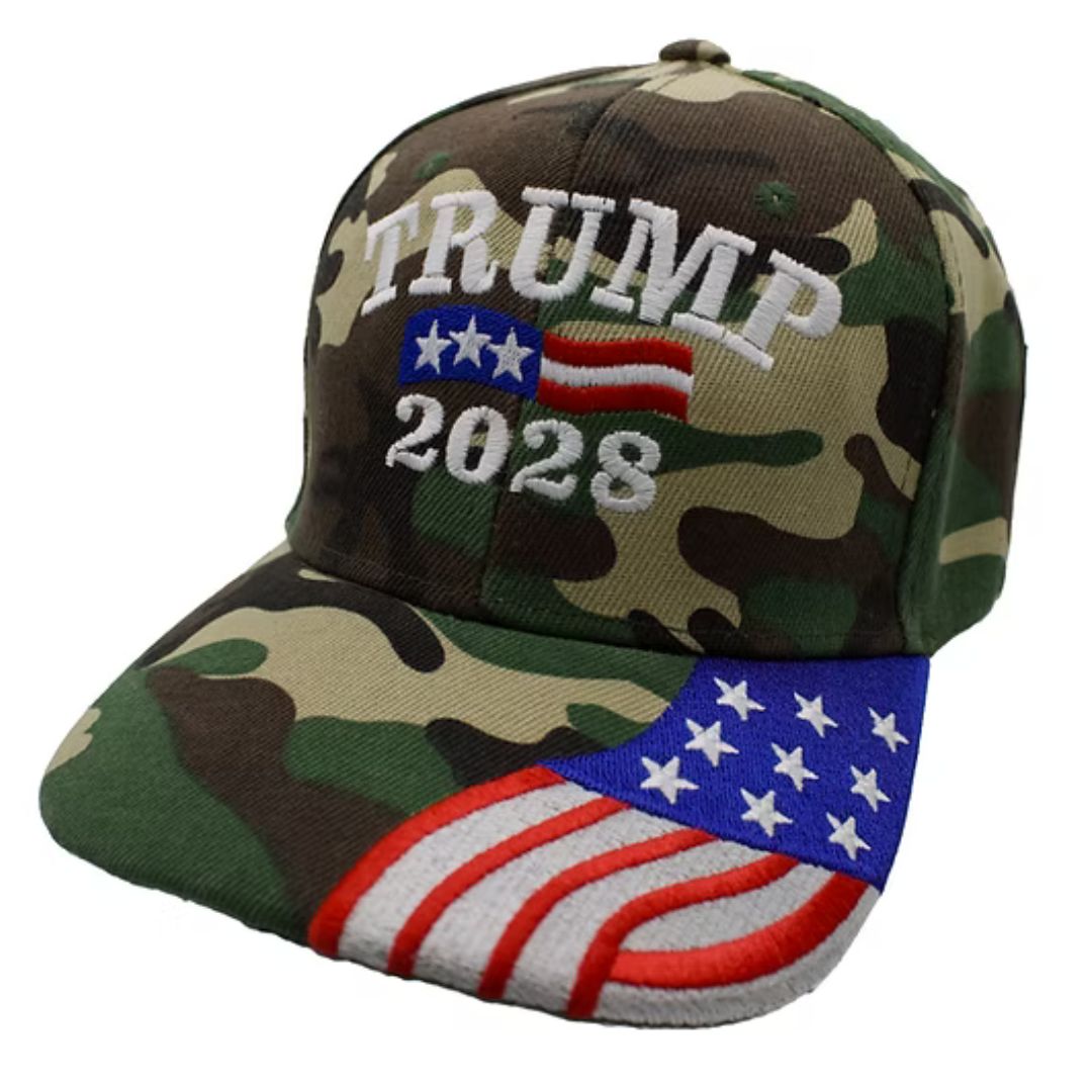 Trump 2028 Embroidered Hat w/Flag Bill (Camo) - PatriotDepot.com