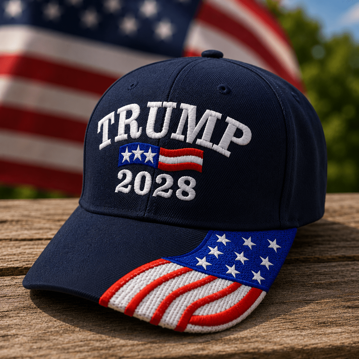 Trump 2028 Embroidered Hat w/Flag Bill (Navy) - PatriotDepot.com