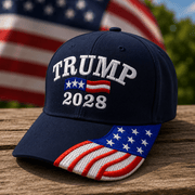 Trump 2028 Embroidered Hat w/Flag Bill (Navy) - PatriotDepot.com