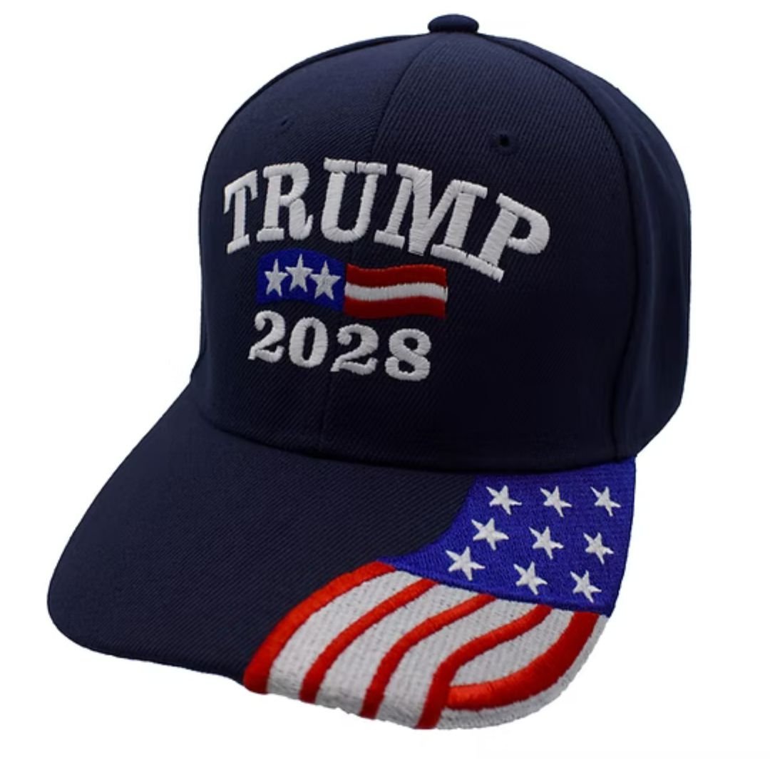 Trump 2028 Embroidered Hat w/Flag Bill (Navy) - PatriotDepot.com