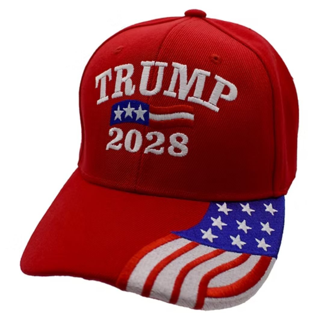 Trump 2028 Embroidered Hat w/Flag Bill (Red) - PatriotDepot.com