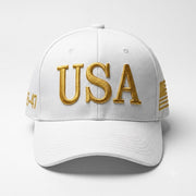 Trump 45 47 USA White Gold Embroidered Hat | 4-Sided Premium Embroidery - PatriotDepot.com