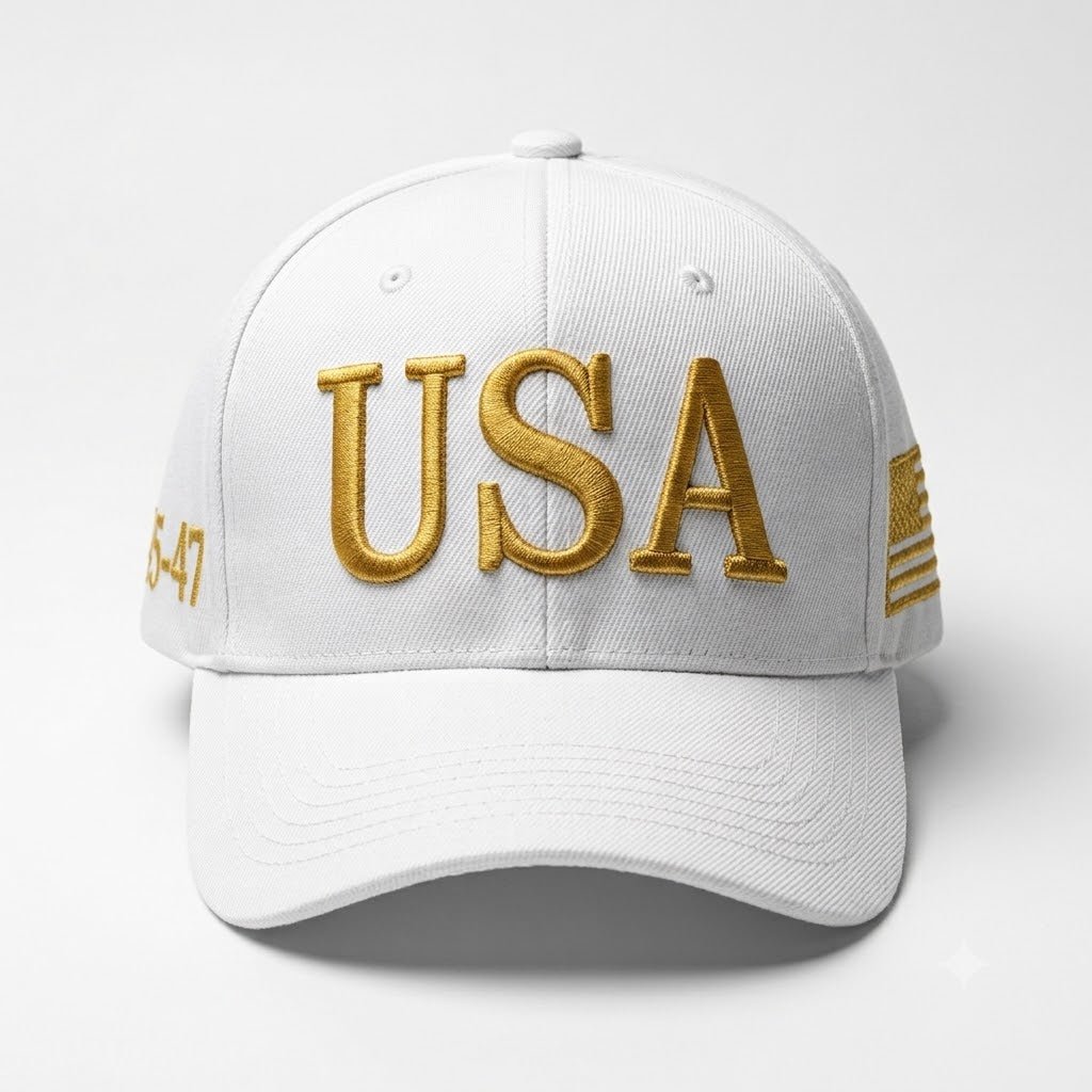 Trump 45 47 USA White Gold Embroidered Hat | 4-Sided Premium Embroidery - PatriotDepot.com